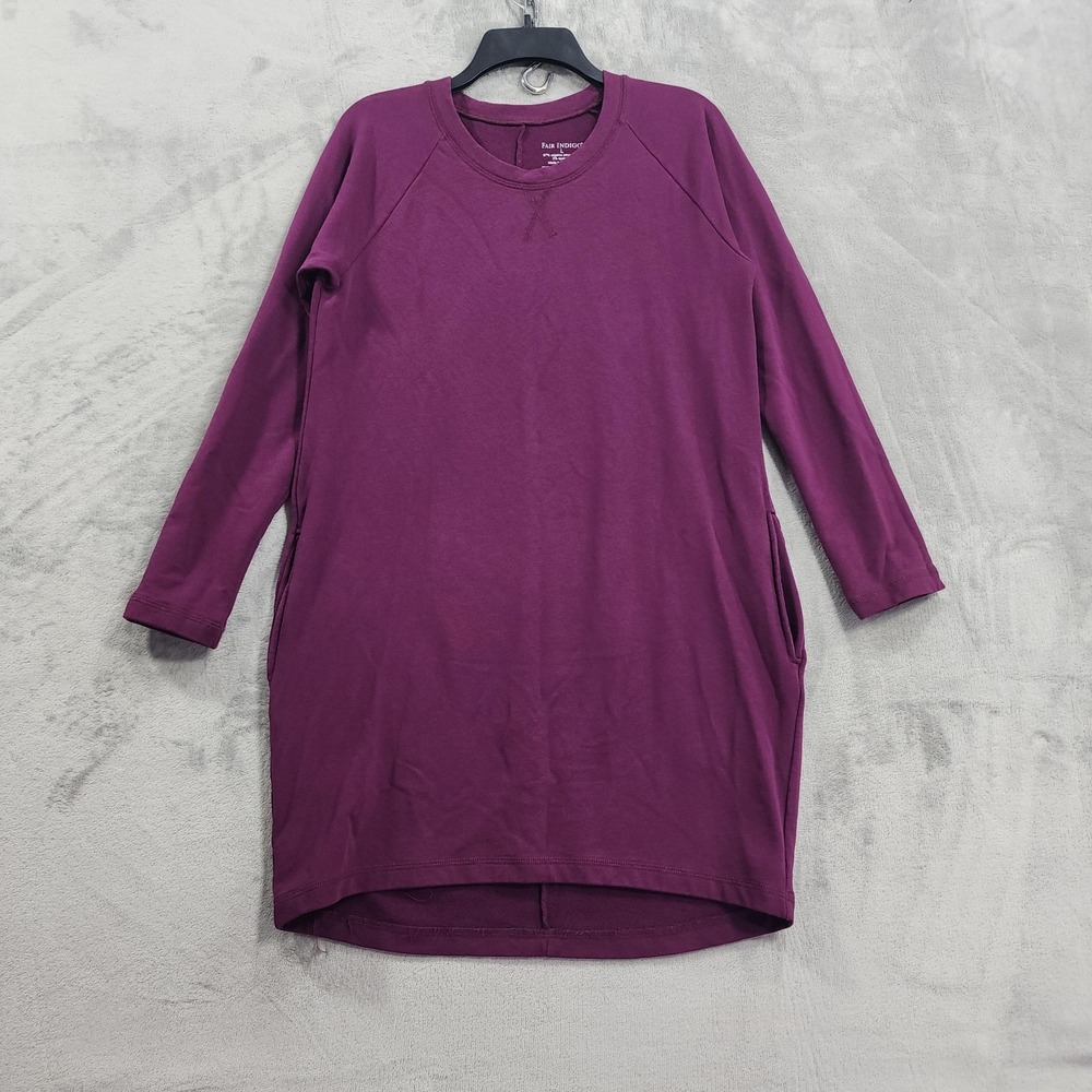 Fair Indigo Dress Womens L Purple Organic Pima Cotton Shift Crew Neck‎ Pockets